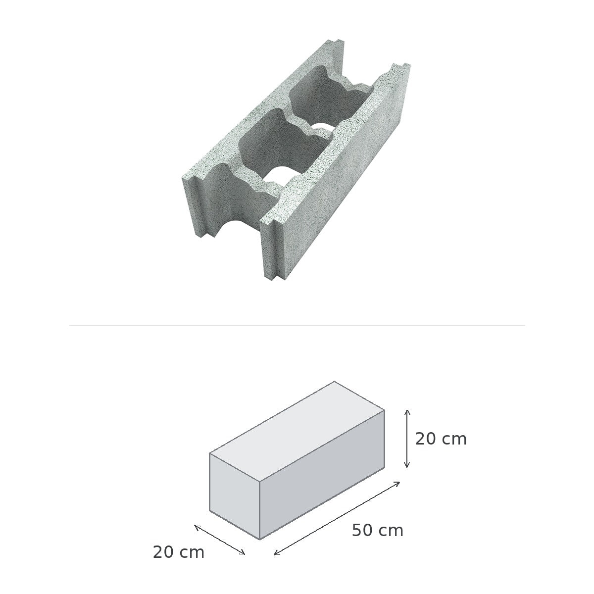 Bloc de coffrage à bancher 20 cm — vue du produit et schéma coté : 50 × 20 × 20 cm