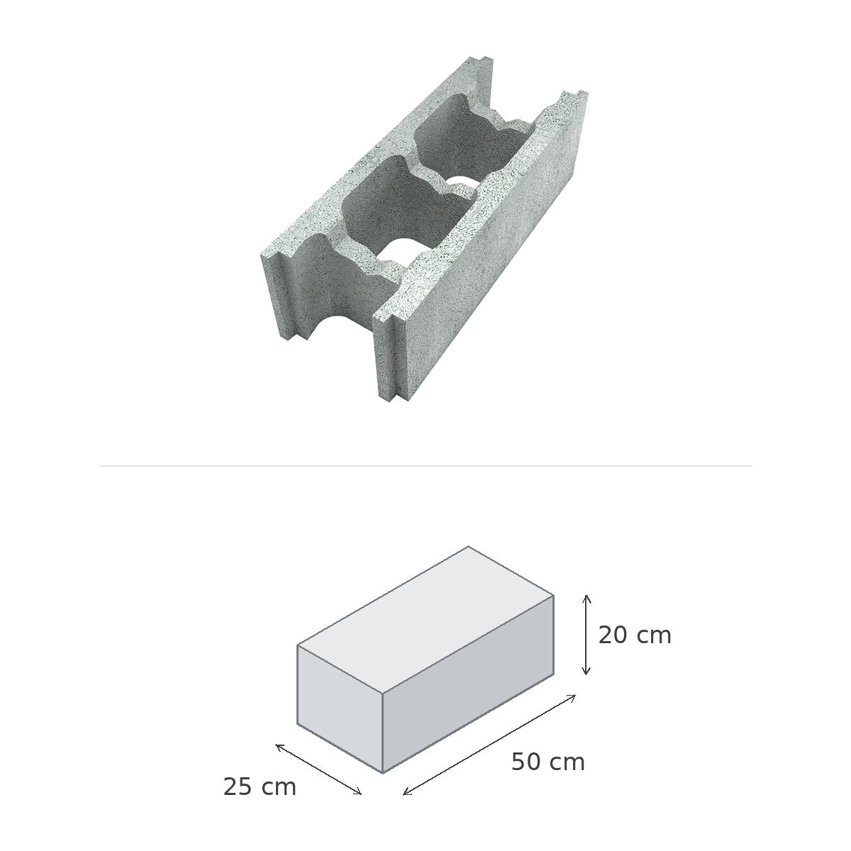 Bloc de coffrage à bancher 25 cm — vue du produit et schéma coté : 50 × 25 × 20 cm