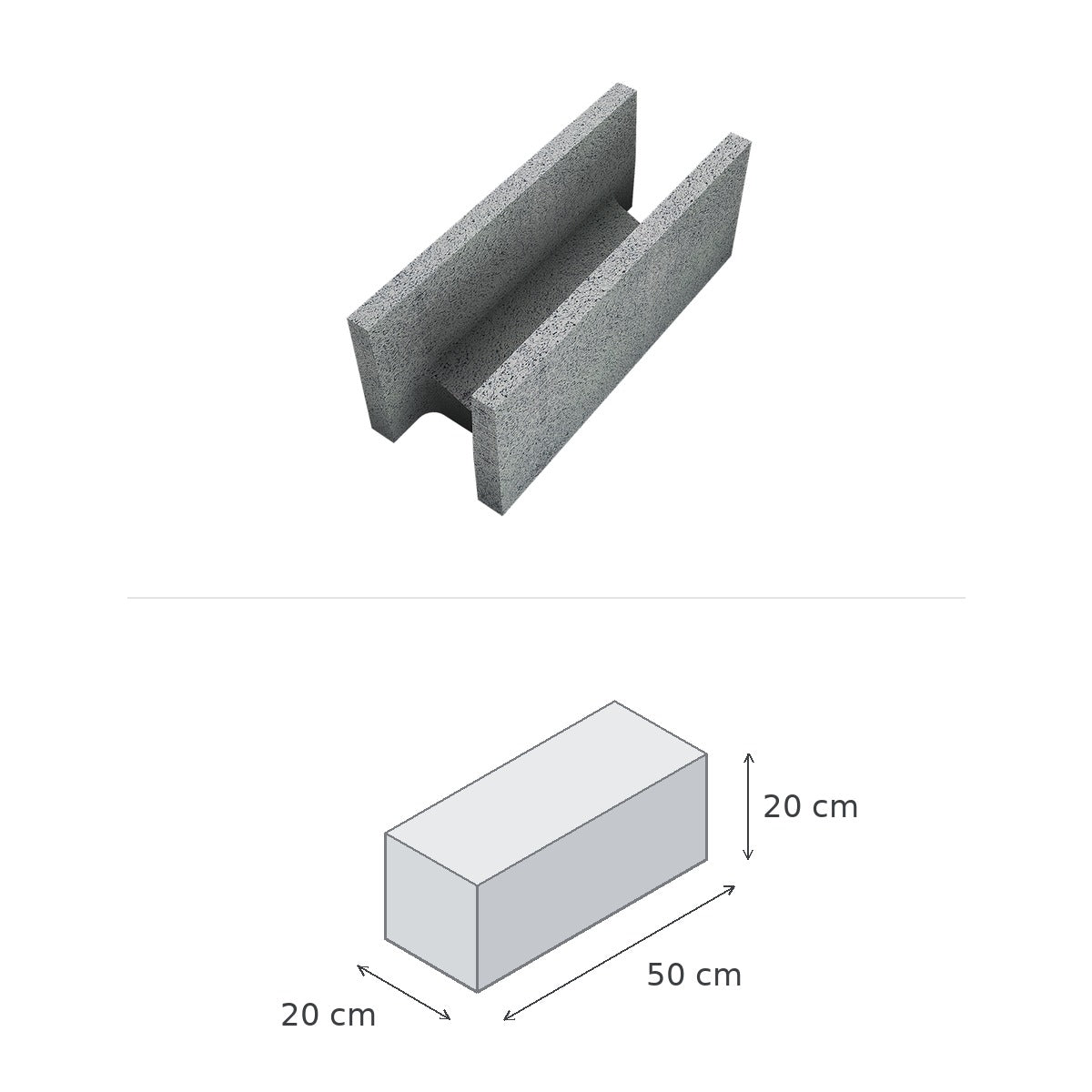 Bloc Linteau 50x20x20 — vue du produit et schéma coté : 50 × 20 × 20 cm
