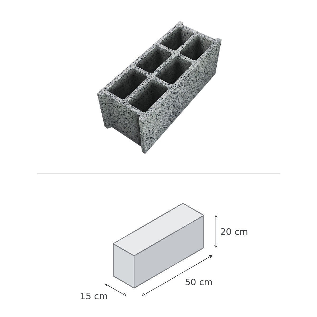 Bloc Creux Traditionnel 15x20x50 — vue du produit et schéma coté : 50 × 15 × 20 cm