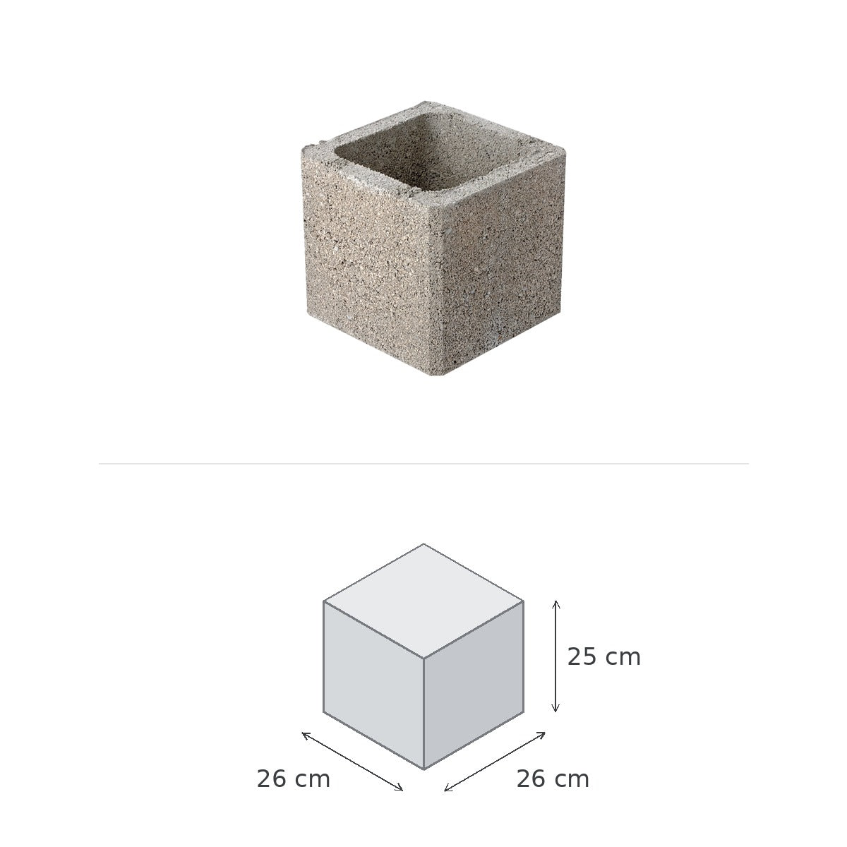 Bloc Pilier à Enduire Ref: 047027 — vue du produit et schéma coté : 26 × 26 × 25 cm