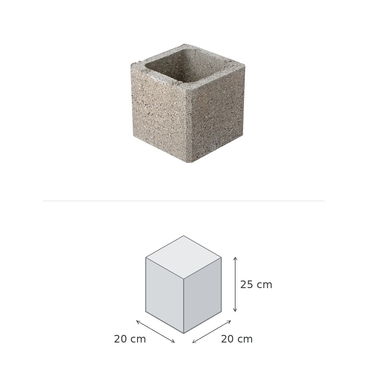 Bloc Pilier à Enduire Ref : 080154 — vue du produit et schéma coté : 20 × 20 × 25 cm