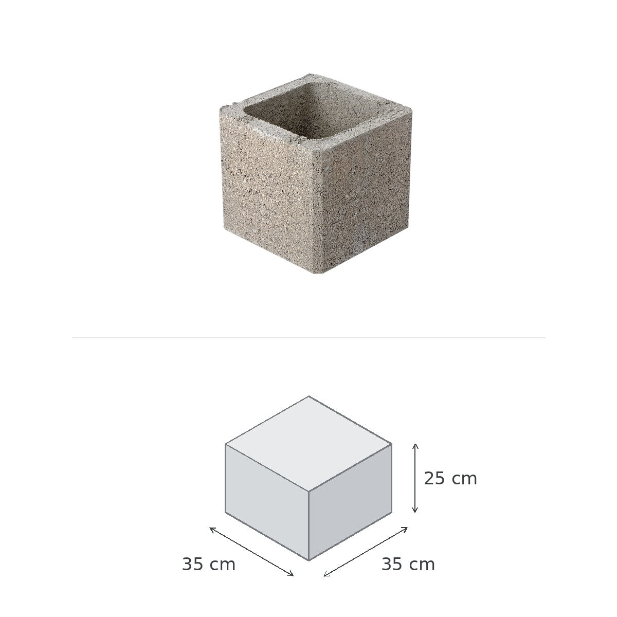 Bloc Pilier à Enduire Ref: 047034 — vue du produit et schéma coté : 35 × 35 × 25 cm