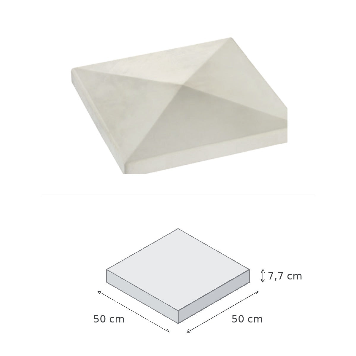 Chapeau de Pilier Pointe Diamant 50x50 — vue du produit et schéma coté : 50 × 50 × 7,7 cm