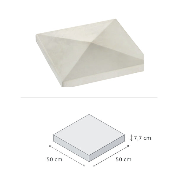 Chapeau de Pilier Pointe Diamant 50x50 — vue du produit et schéma coté : 50 × 50 × 7,7 cm