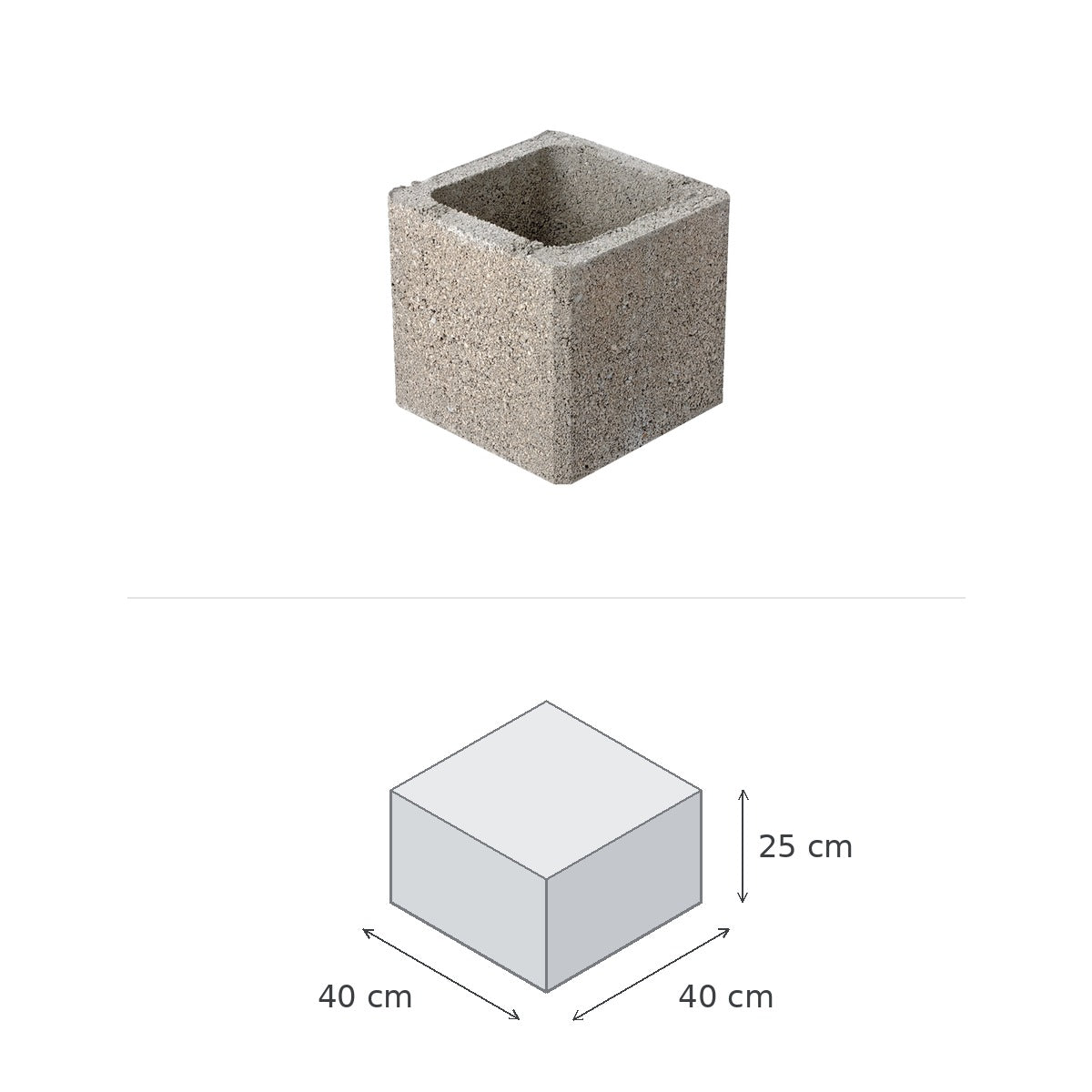 Bloc Pilier à Enduire - Ref : 080130 — vue du produit et schéma coté : 40 × 40 × 25 cm