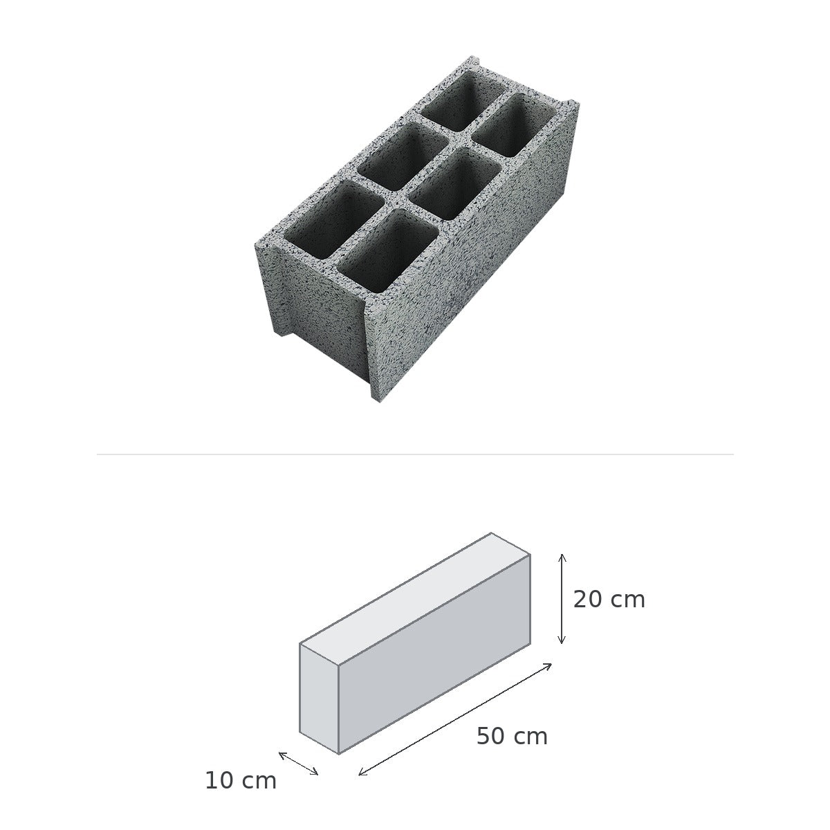 Bloc Creux 500x100x200 CE NF B40 — vue du produit et schéma coté : 50 × 10 × 20 cm