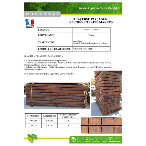 Traverse paysagère Chêne - traité Classe 4 - 100 x 200 mm L.2.00 m