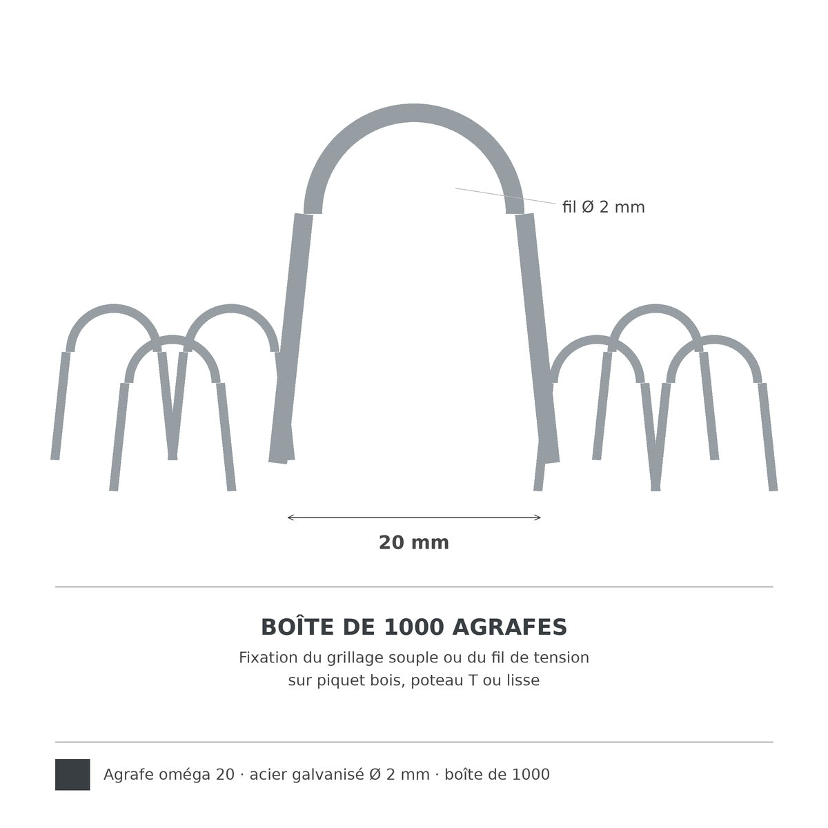 Agrafe de clôture galvanisée Oméga 20, fil de 2 mm, boîte de 1000
